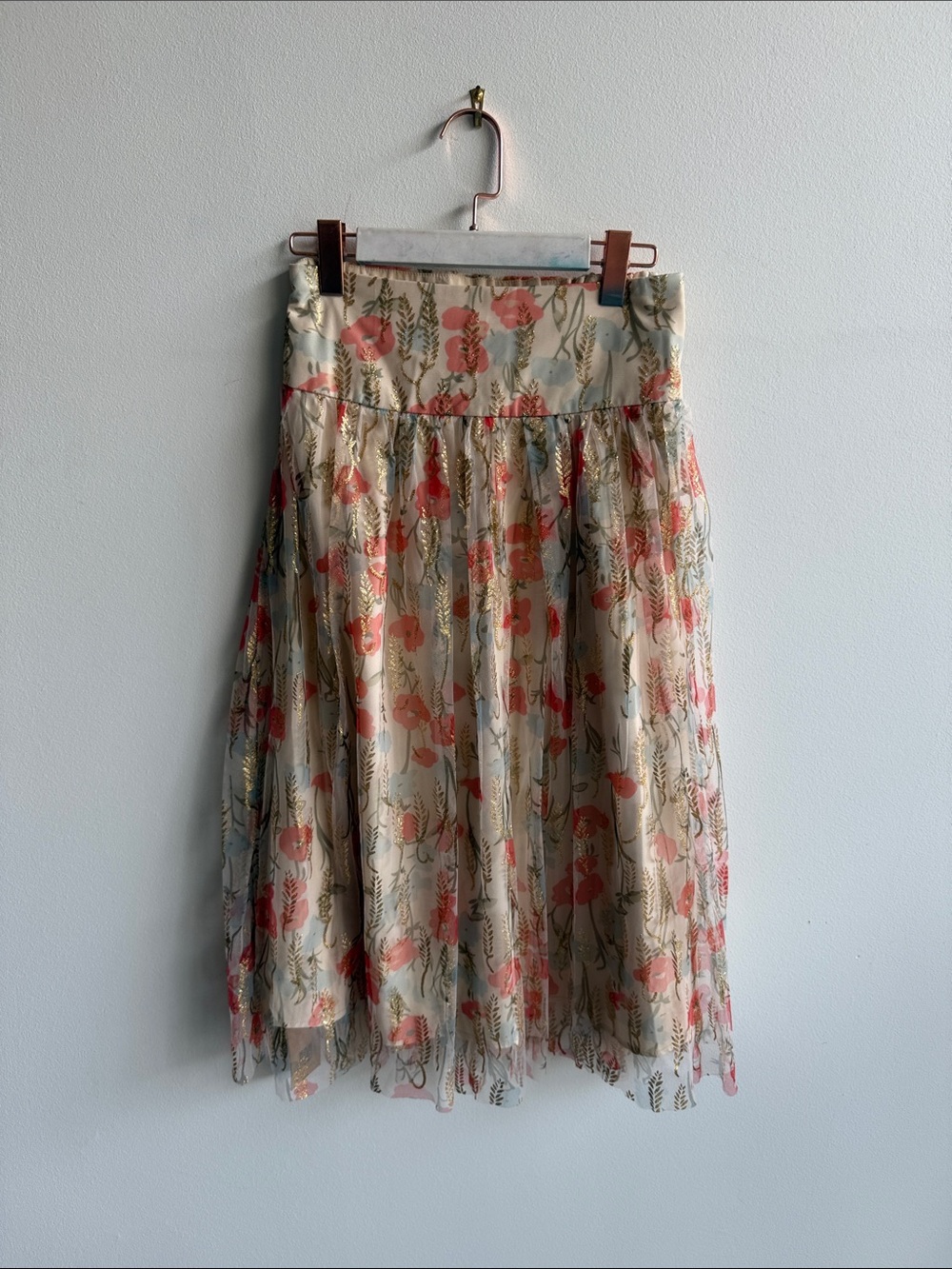 Floral Midi Skirt in Ivory with Coral Poppy Print